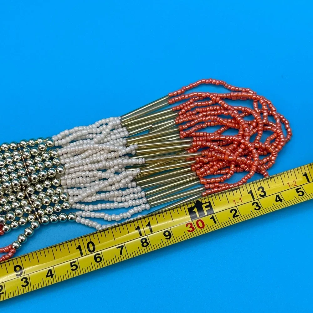 ALDO Seed Beaded Multi Strand Necklace‎ Coral White Gold Tone Boho Statement